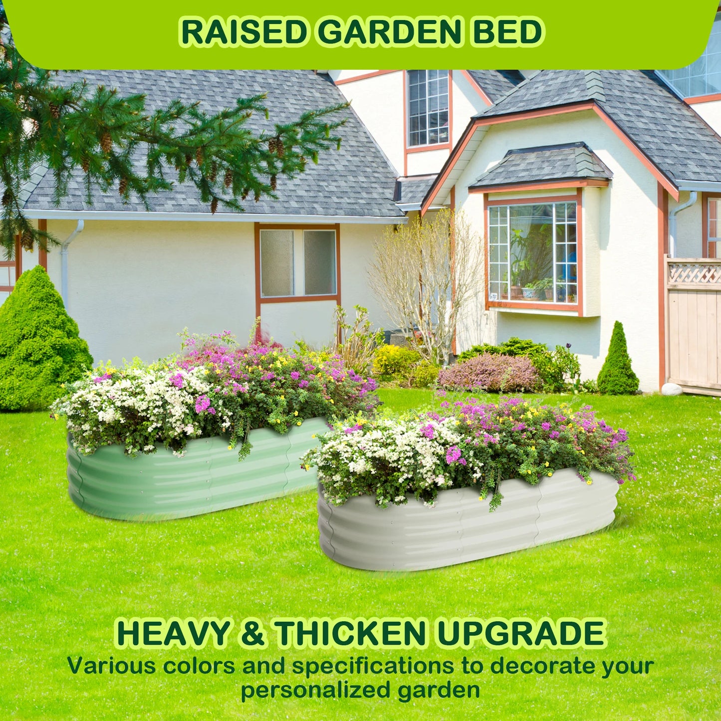 HiMISS Oval Galvanized Raised Garden Bed Set With Open End Base Planters