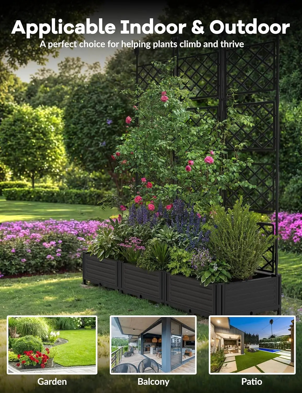 Outdoor Raised Planter Box With Trellis Set For Climbing Plants