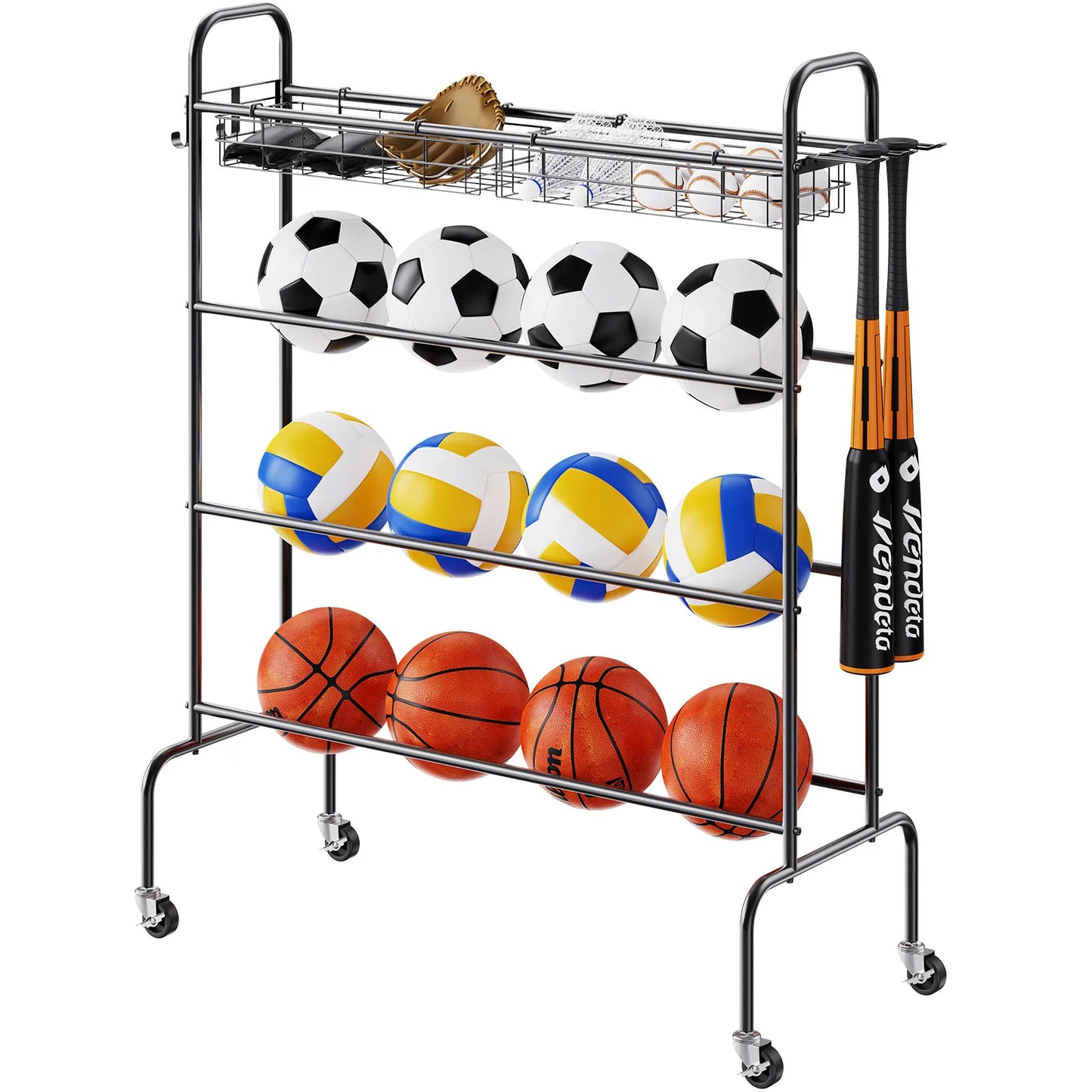 Four Layer Rolling Basketball Rack With Wheels Organizer