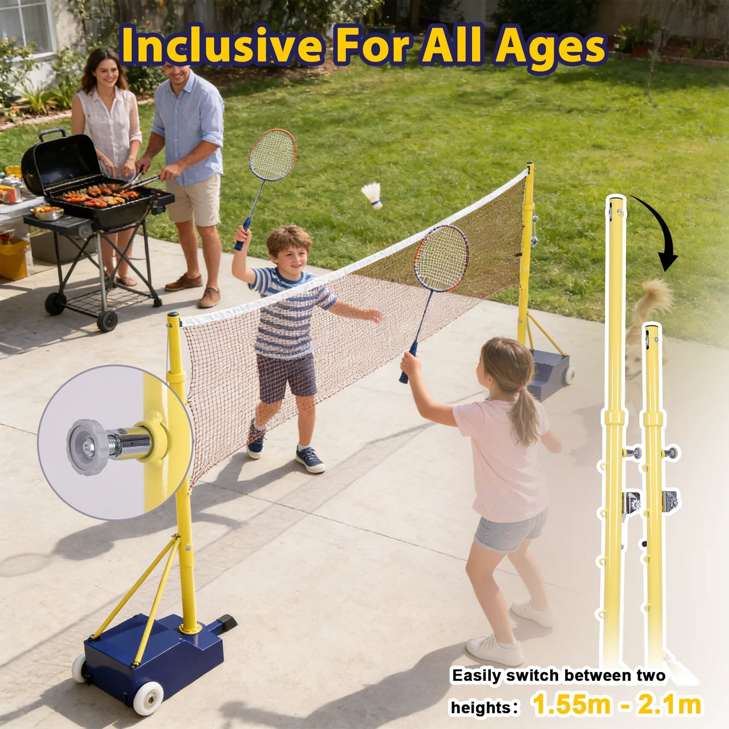 Badminton Volleyball Tennis Net Stand with Net Multi-functional Air Volleyball Rack with Wheels Ideal for Backyard Park School