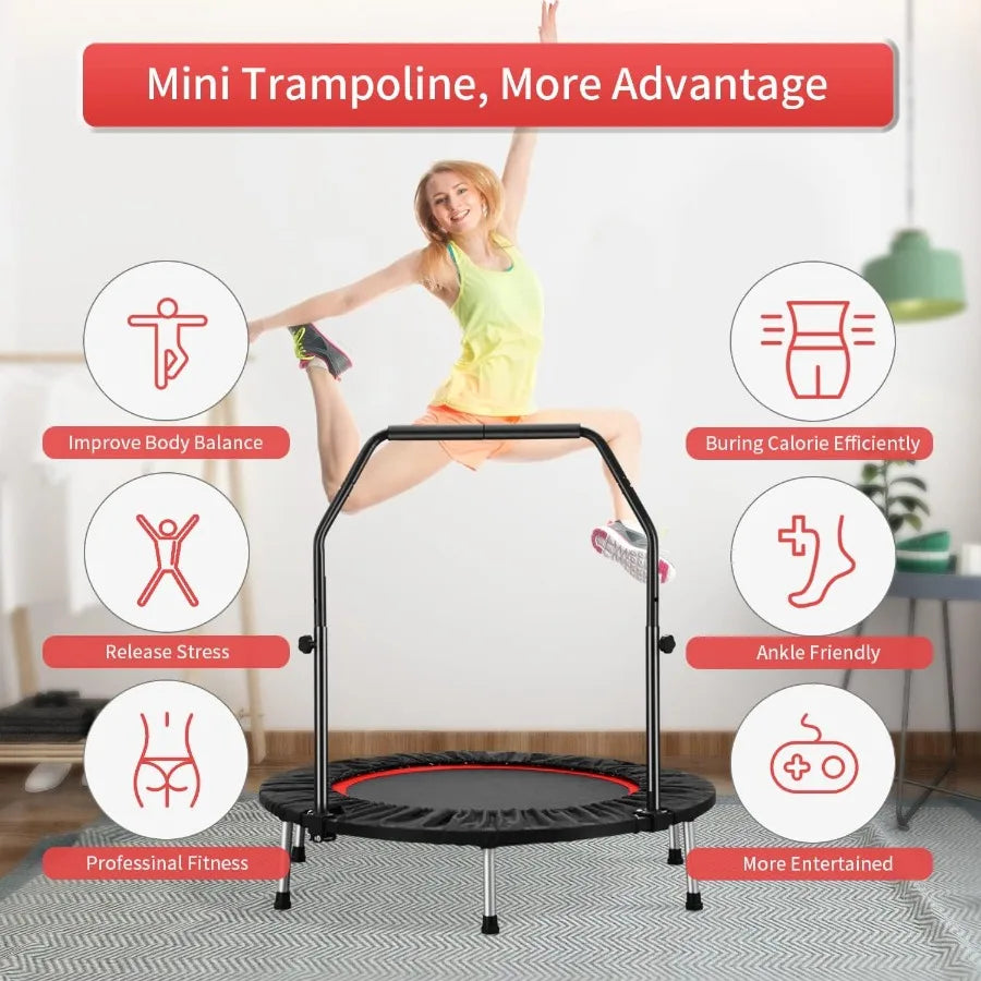 Mini Trampoline Rebounder Foldable With Adjustable Handle Bar 330Lb Capacity