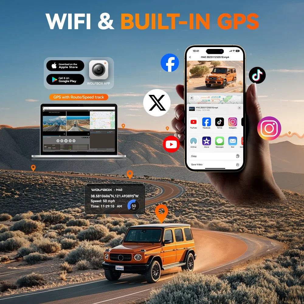 WOLFBOX M40 Dashboard Cam 4K Plus 1080P Front and Rear