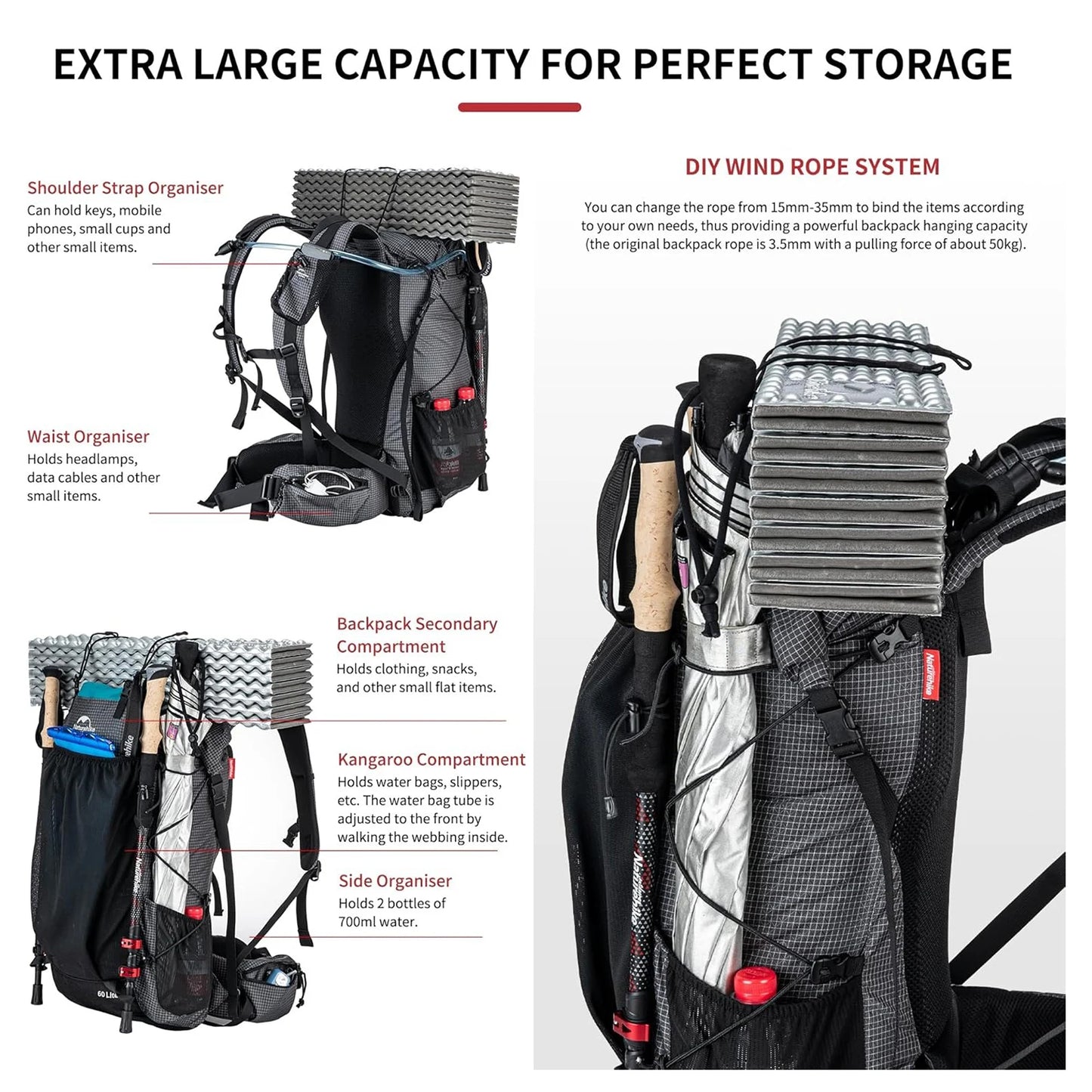 Naturehike Waterproof Backpack For Hiking Climbing Travel With Rain Cover