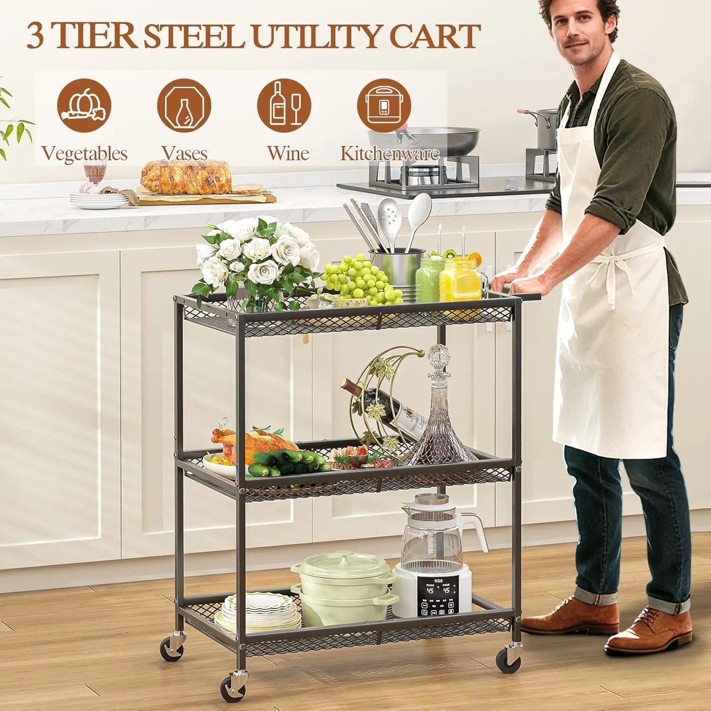 Heavy-Duty 3-Tier Rolling Utility Cart With Locking Wheels