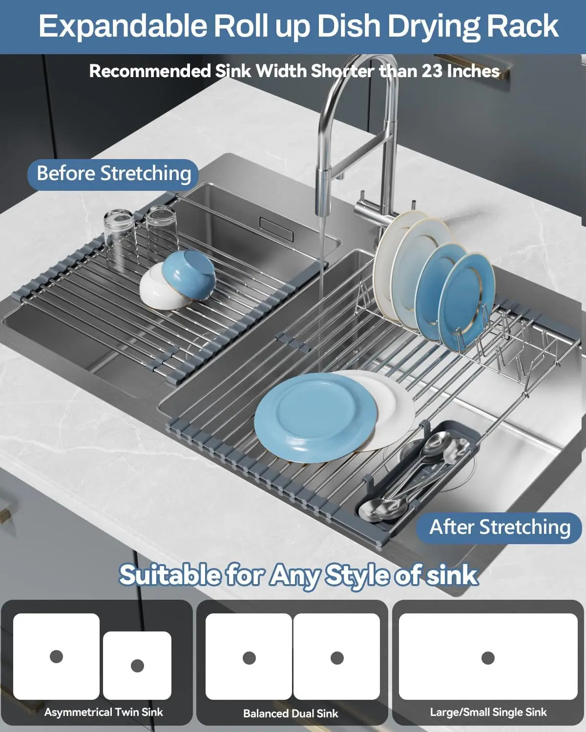 XMSJ Expandable Stainless Steel Over-Sink Dish Rack