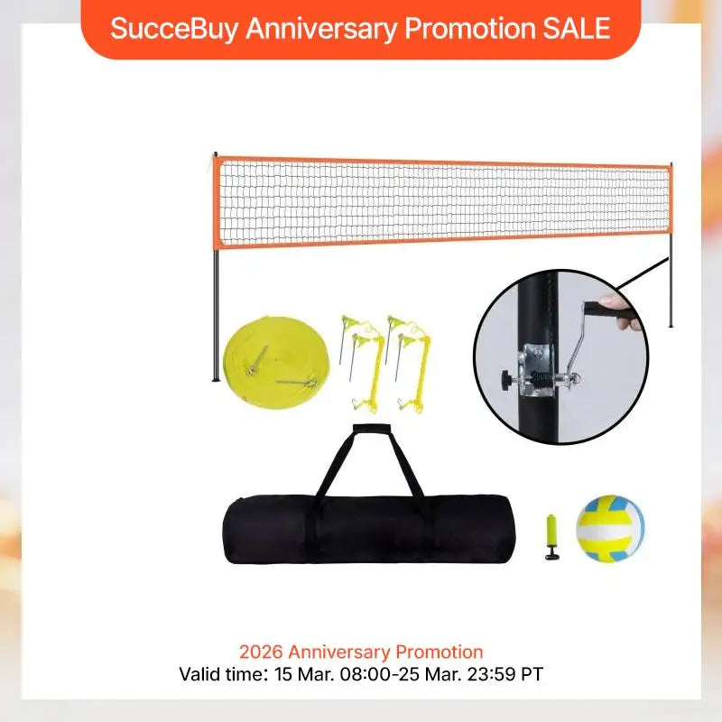 SucceBuy 1.25-1.75inch  Portable Volleyball Net System Adjustable Height Aluminum Poles Volleyball Set w/ Pump Carrying Bag