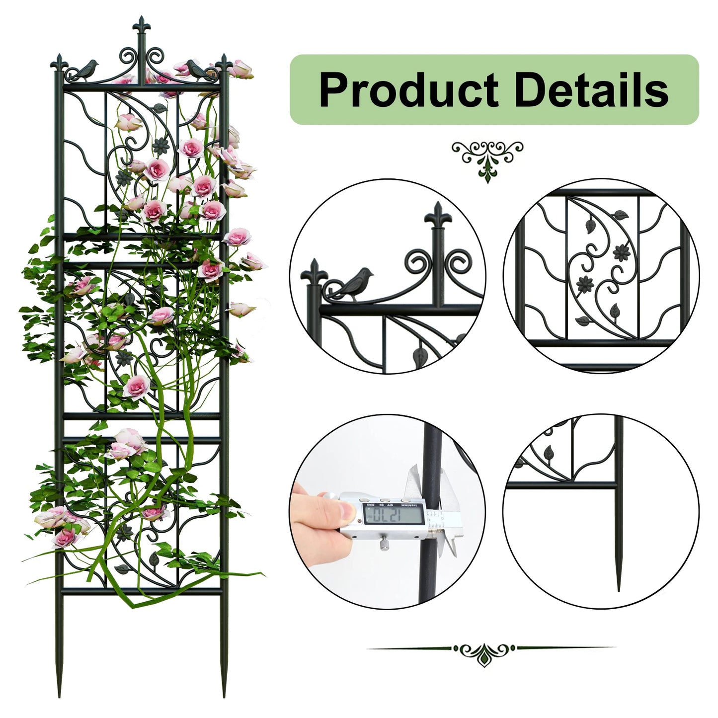 2x Tall Thick Metal Garden Trellis Bird Leaf Grid Panel
