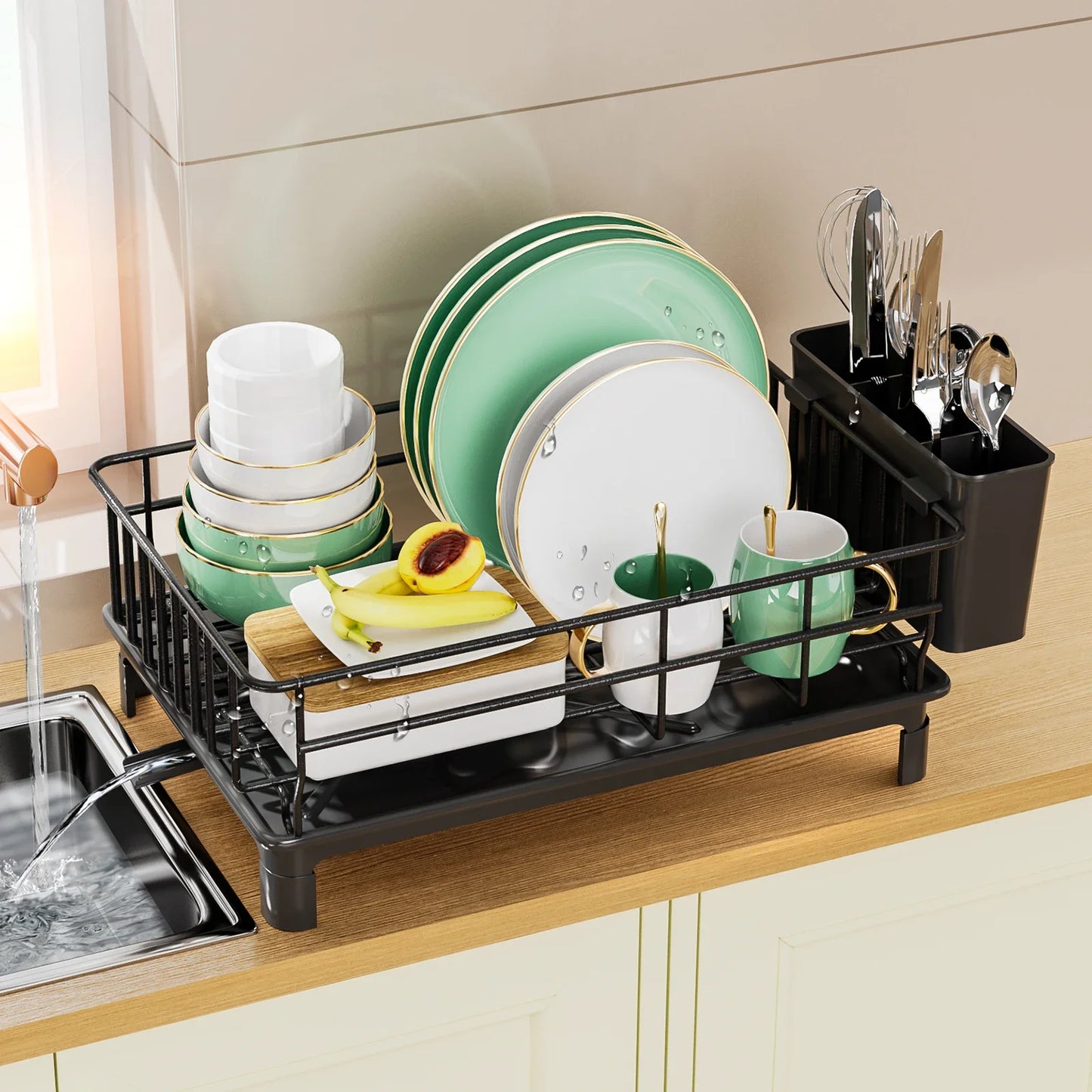 Stainless Steel Dish Draining Rack With Drip Tray Cup Holder