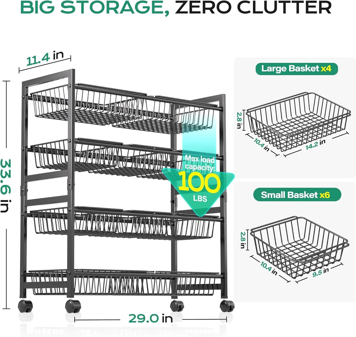 4-Tier Rolling Pantry Cart With 10 Baskets, Adjustable Kitchen Rack