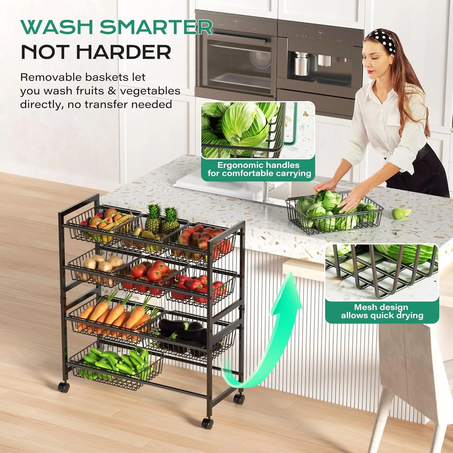 4-Tier Rolling Pantry Cart With 10 Baskets, Adjustable Kitchen Rack