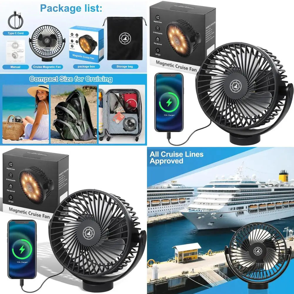 Portable 12000mAh Battery-Powered 3-Speed LED Air Circulator Fan with Timer, Power Bank, and Mounting Options for Travel (Black)