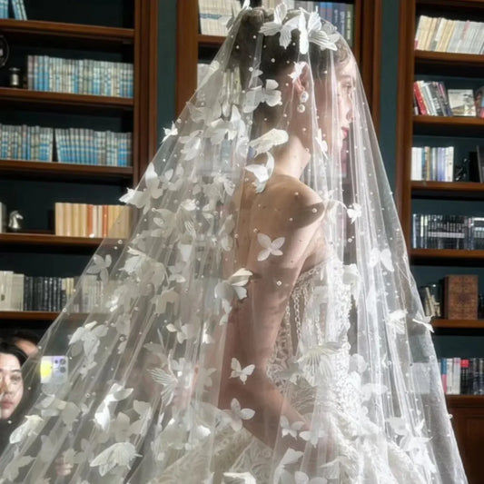 Romantic Butterfly Pearl Beaded Cathedral Bridal Veil