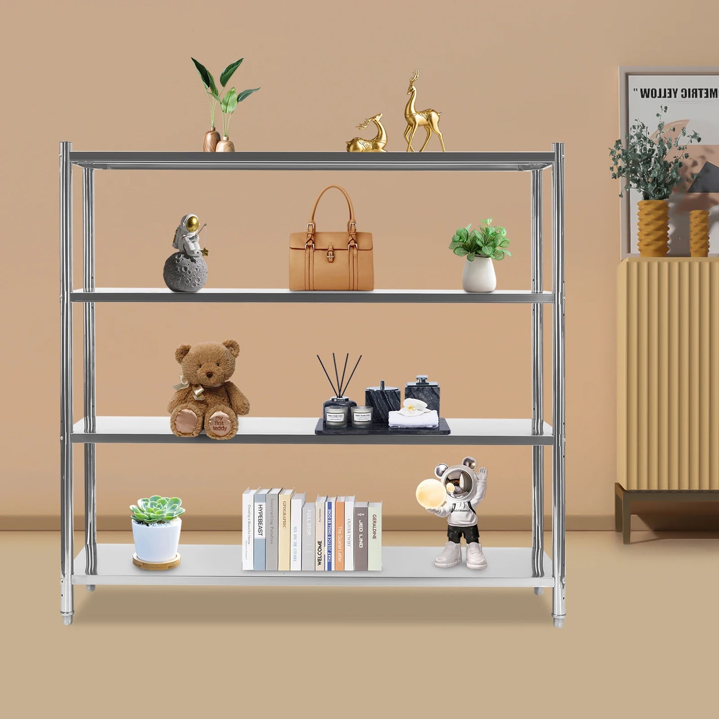 Four-Tier Stainless Steel Storage Shelf Heavy-Duty Adjustable Height