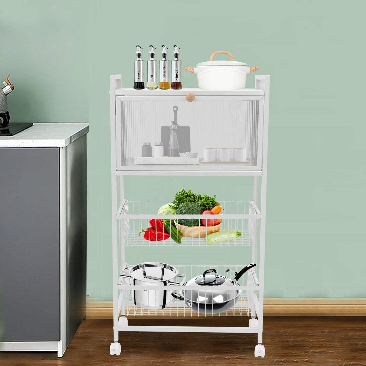 Four-Storey Kitchen Storage Rack With Brake Casters For Organization