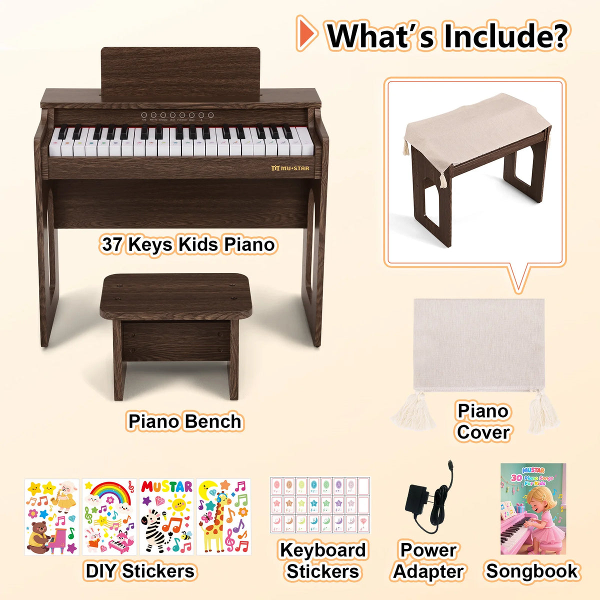 Mustar Digital Piano Keyboard Set With Bench And Educational Accessories