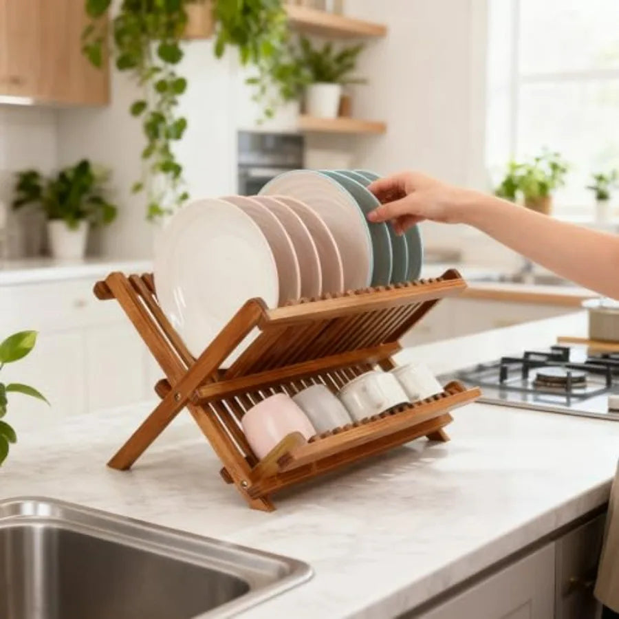 Dish Drainer Rack Collapsible 2 Tier Foldable Kitchen Organizer