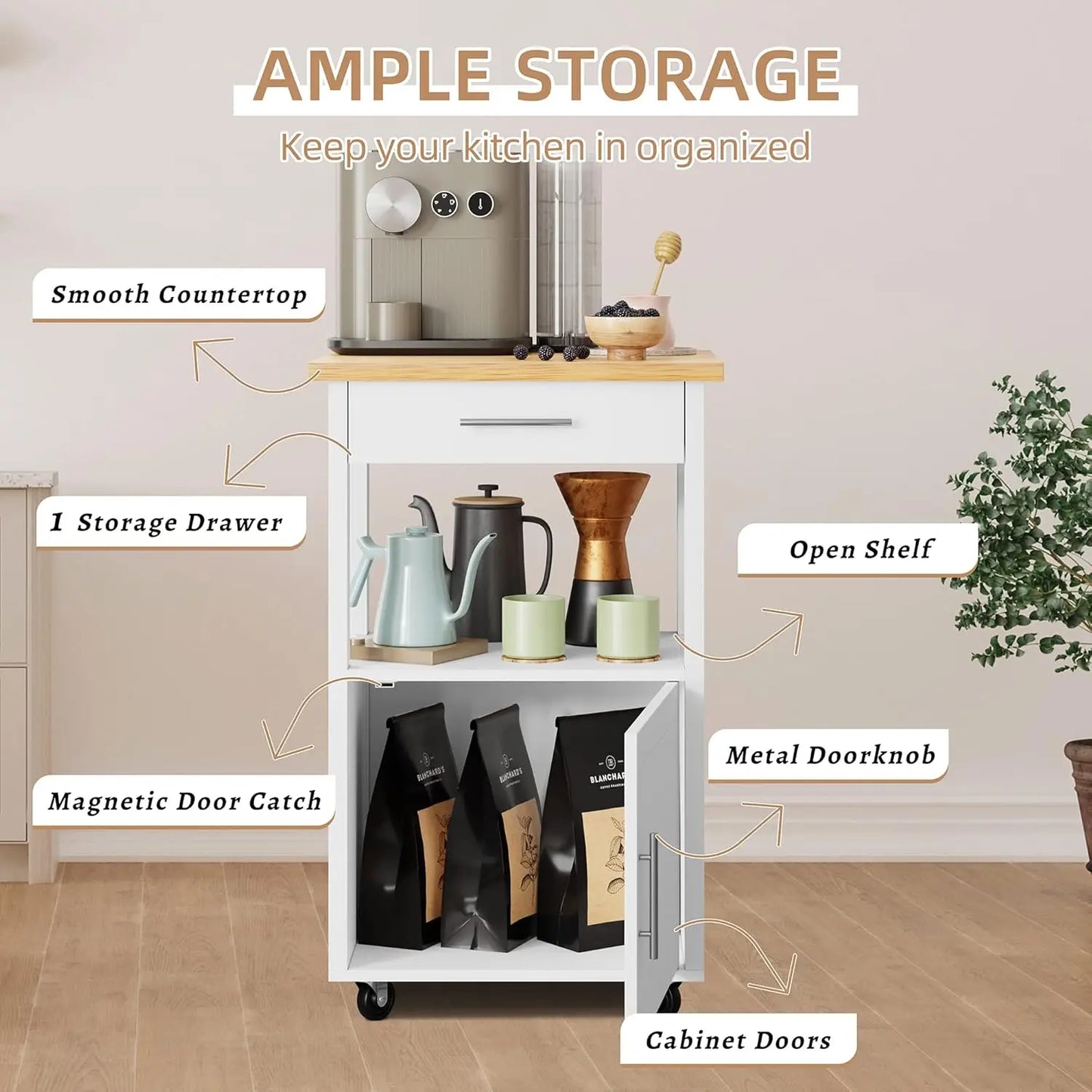 Rolling Kitchen Island Cart With Storage Cabinet And Drawer