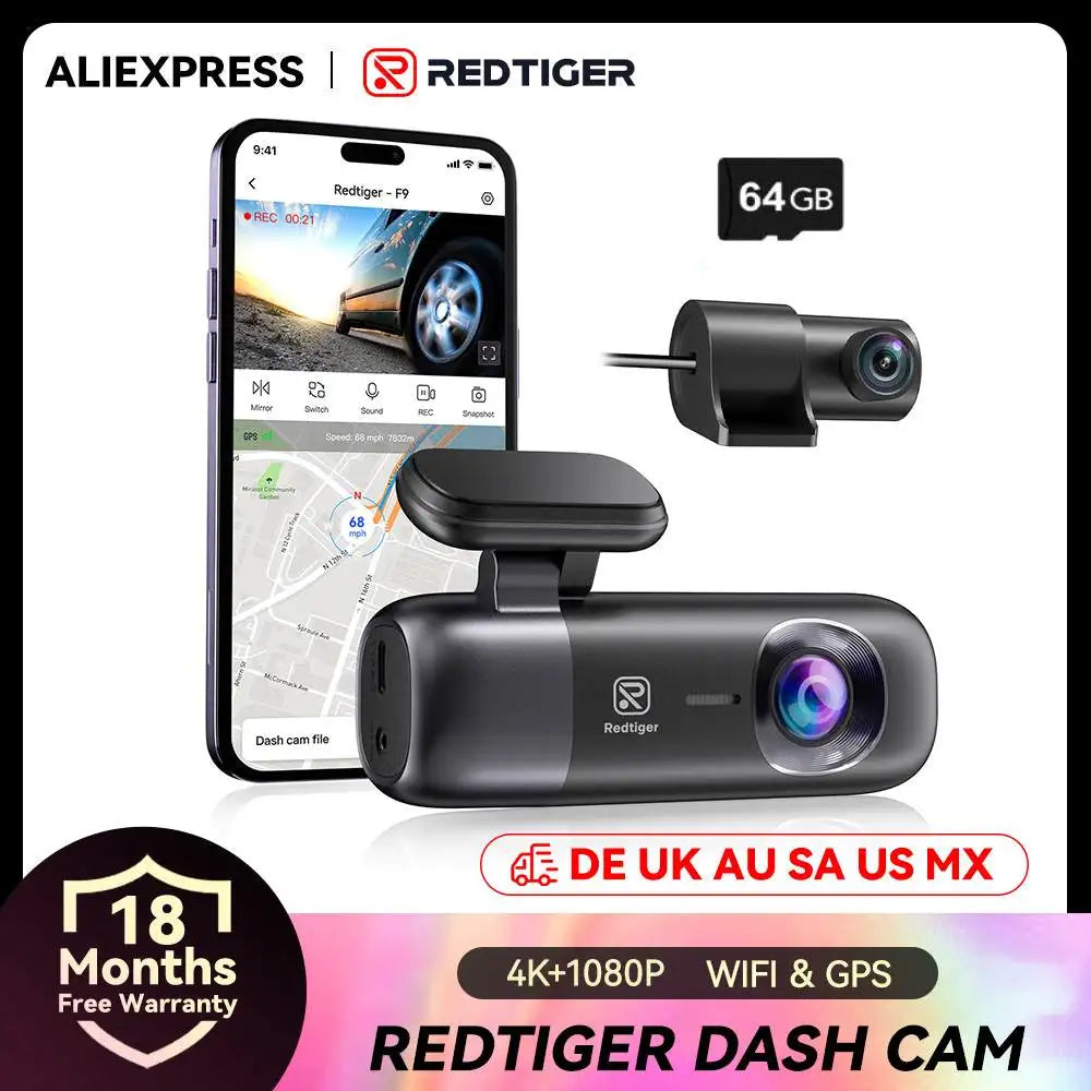 Redtiger F9 Dash Cam 4K Front and Rear WiFi GPS Parking Night Vision