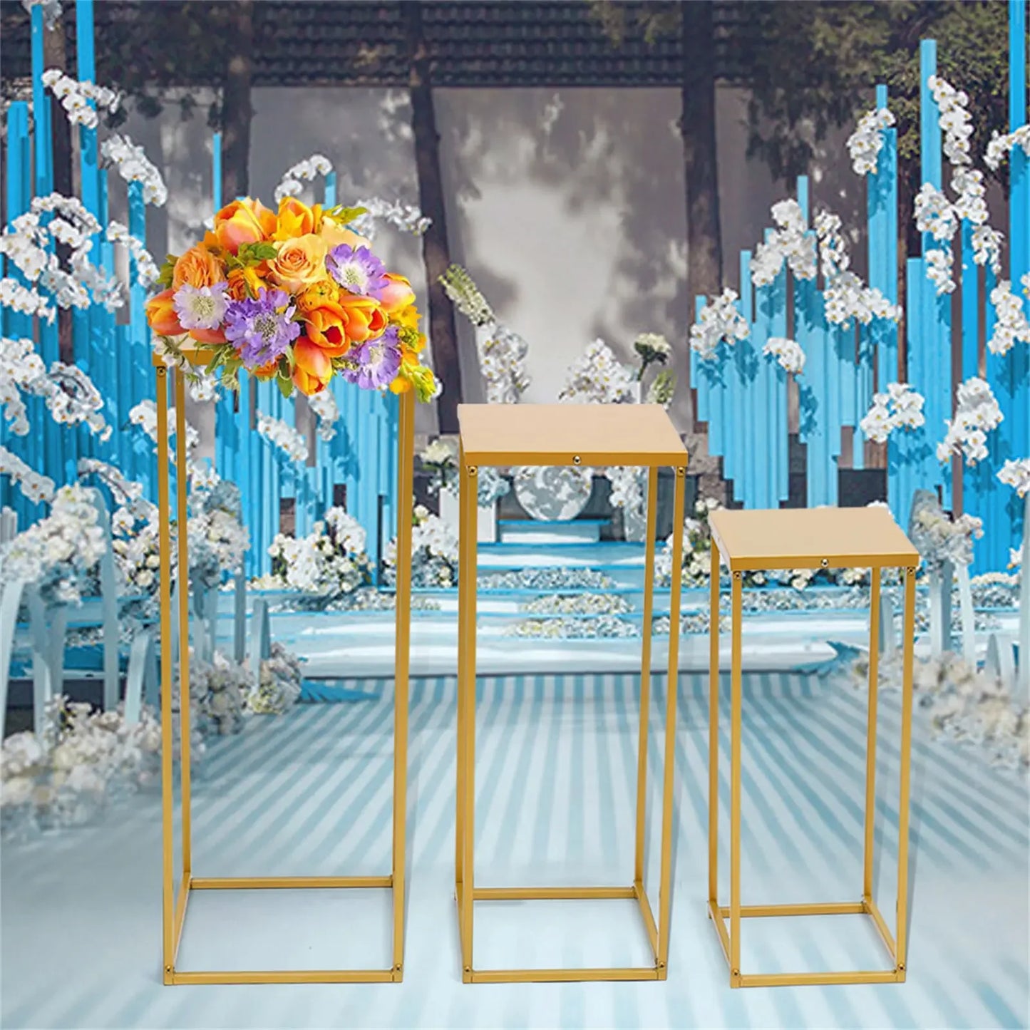 Gold Metal Flower Stand Set For Weddings Square Rack Holders