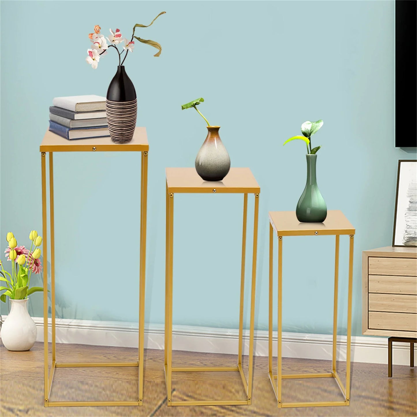 Gold Metal Flower Stand Set For Weddings Square Rack Holders