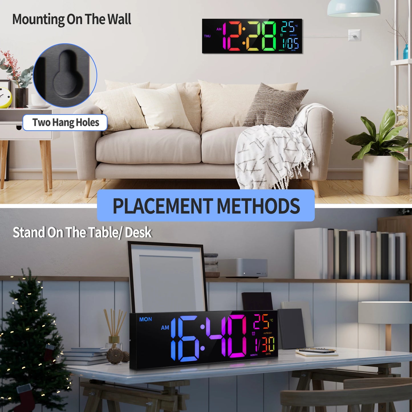 Digital Wall Clock With LED Display Remote Alarm DST Temperature