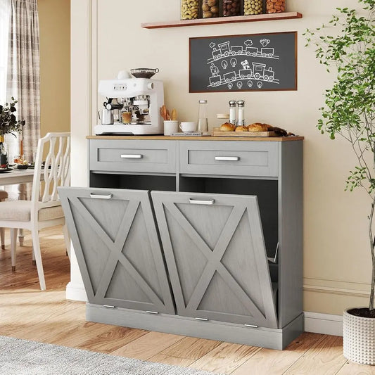 Double Tilt Out Trash and Recycling Cabinet with Hidden Drawers