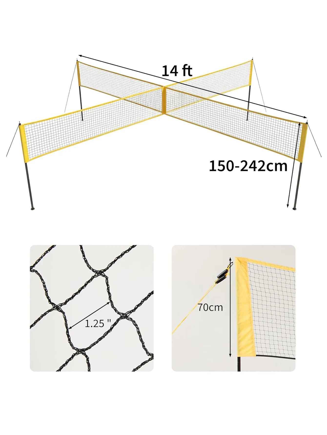4 Square Volleyball Net Set for Backyard Beach, 3 Heights Adjustable,14 FT 4-Way Volleyball Net with Carrying Bag,for Family Fun