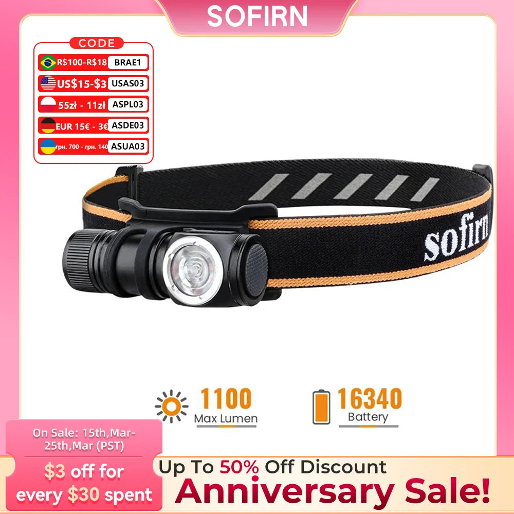 Sofirn HS10 TN-3535 90CRI LED Headlamp 1100lm USB C Rechargeable 16340 Mini Flashlight  with Magnet Tail Cap Portable Head Torch