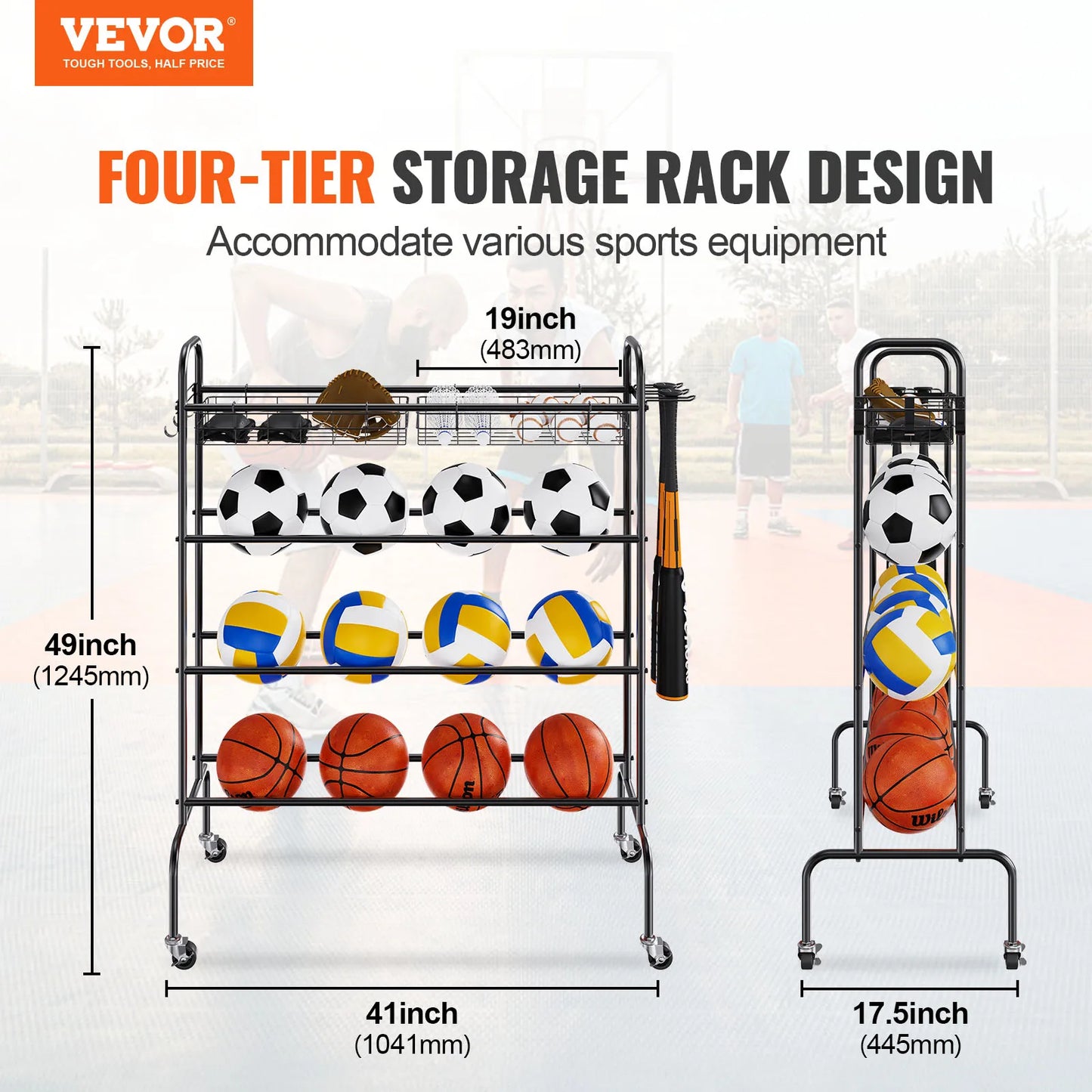 Four Layer Rolling Basketball Rack With Wheels Organizer