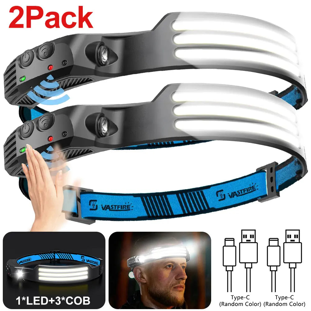 2PCS LED Bright Headlight USB Rechargeable Head Flashlight Motion Sensor Portable For Camping Running Hiking Fishing