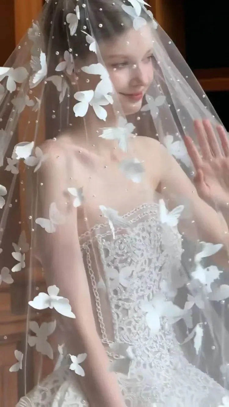 Romantic Butterfly Pearl Beaded Cathedral Bridal Veil