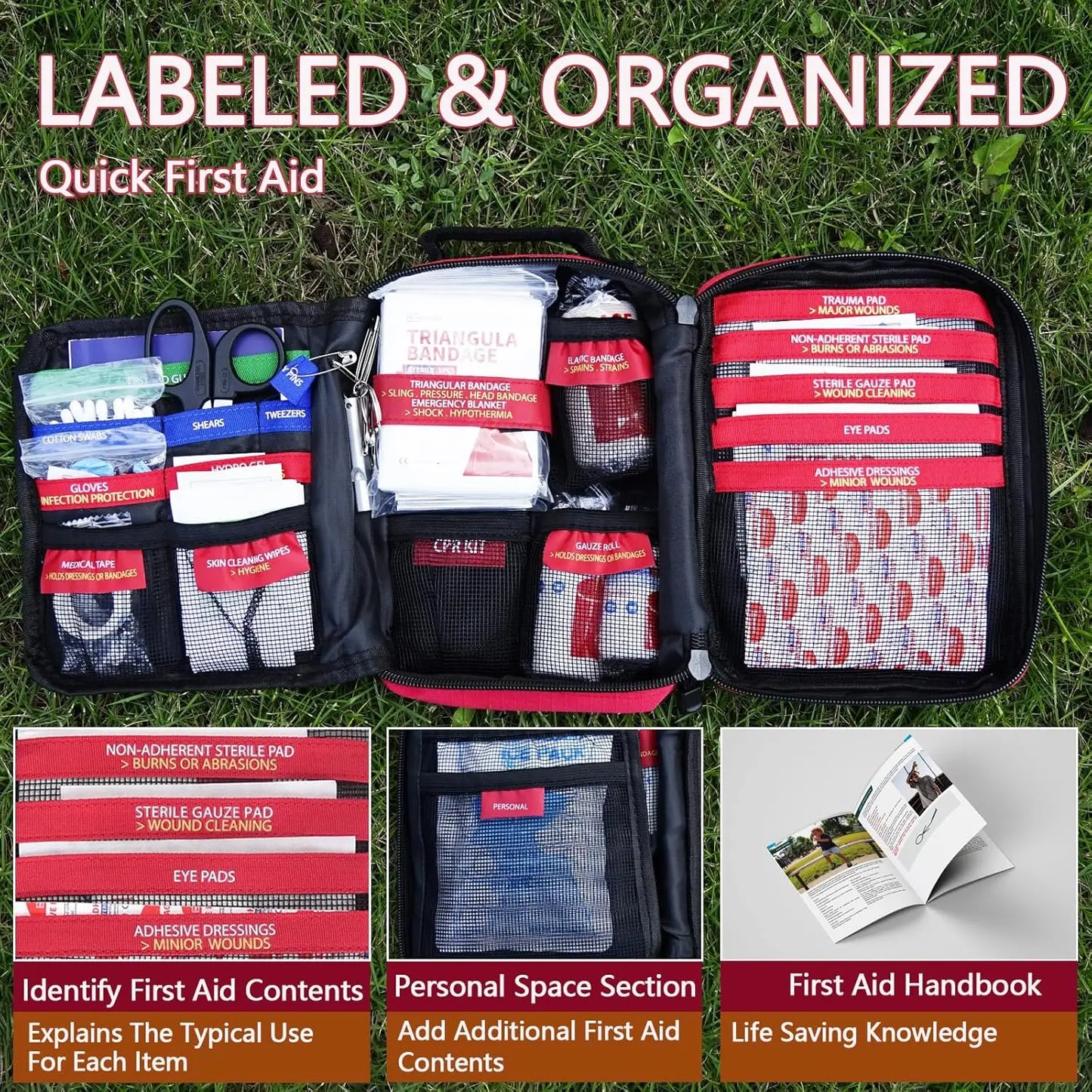 Trauma First Aid Kit With Labelled Compartments For Car Travel